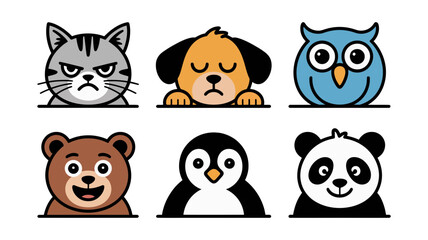 Vector art of cute animal cartoon characters cat, dog, owl, bear, penguin, and panda in a simple and adorable style