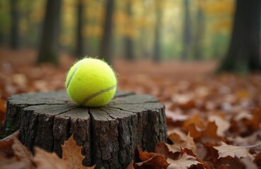 Bright tennis ball rests on old tree stump surrounded by brown fallen leaves. Autumn forest setting with blurred trees in background. Natural outdoor sport concept.