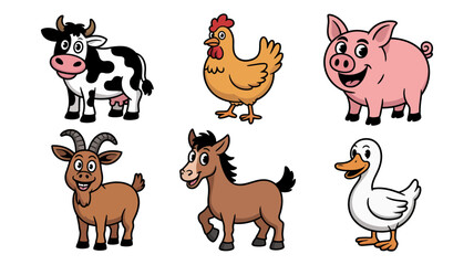 Fototapeta premium Vector art of farm animals cartoon set cute cow, chicken, pig, goat, horse, and duck vector illustration for kids
