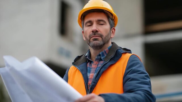 A construction manager attentively oversees building plans on a construction site, exemplifying leadership and responsibility in building and construction projects for future developments.