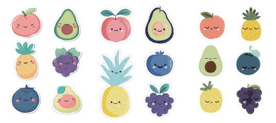 Various cartoon fruits featuring cheerful faces are displayed in vibrant colors. This playful arrangement includes peaches, avocados, and pineapples, creating a whimsical effect.