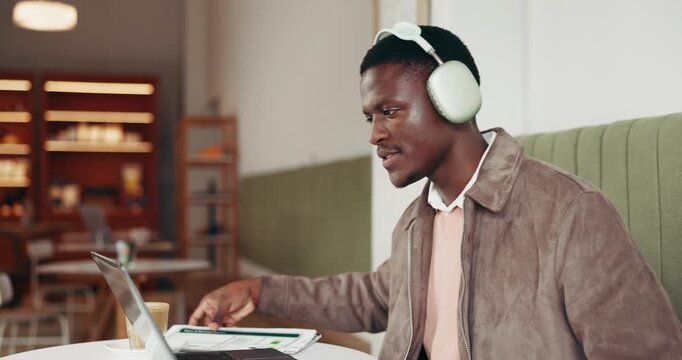 Businessman, paperwork or video call on laptop in cafe for digital marketing, KPI analysis or trends. Social media manager, black person or headphones with webinar in diner for remote work or metrics