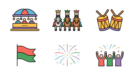 Vector art of three kings on horses, carousel, drums, flag, fireworks, and cheering people for epiphany celebration