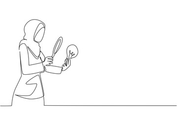 Single continuous line drawing Arab woman holds lightbulb and examines with magnifying glass. Checking the originality of ideas. Research. National Creativity Day. One line design vector illustration