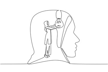 Continuous one line drawing Arab woman installs a big bulb inside the silhouette of a large head. Symbolism fills memory. Smart. National Creativity Day. Single line draw design vector illustration