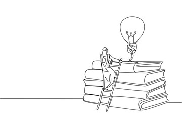 Continuous one line drawing Arab man climbs stack of thick books with lightbulb floating above. Have unlimited creativity. Educate. National Creativity Day. Single line draw design vector illustration