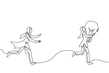 Single one line drawing Arab businesswoman chases a woman running with a light bulb. Chasing down criminals of plagiarism. Crime. National Creativity Day. Continuous line design graphic illustration