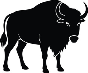 Cartoon vector illustration of a cute buffalo or bull, a black and white farm animal from the cattle family, isolated on a white background