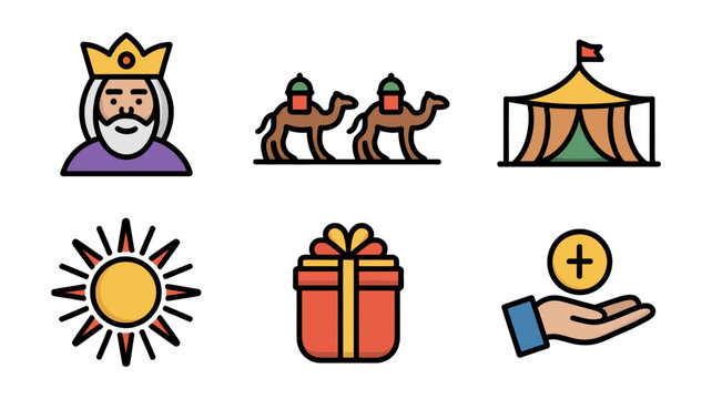 Vector art of three kings day vector icon set wise men, camels, tent, sun, gift, hand and coin epiphany day concept