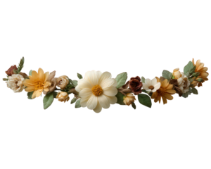 Gentle decorative dried flower garland clipart with yellow daisy and rustic wreath element. This romantic floral crown has vintage feel for elegant design projects