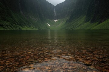 Serene mountain lake with waterfall