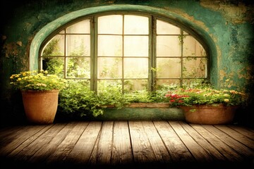 Ornate, arched window framing a lush garden view. Terra cotta pots with flowers sit on a wooden deck