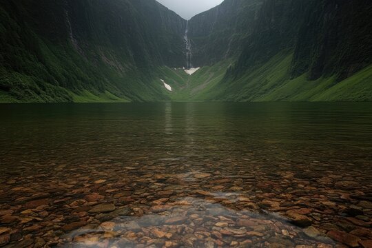 Serene mountain lake with waterfall - Powered by Adobe