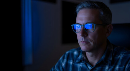 Fototapeta premium Serious Male Focused On Computer Screen At Night Working Late On Project Seeking Solution Reflective Light Digital Technology Modern Office Concentrating Alone Coding Dev
