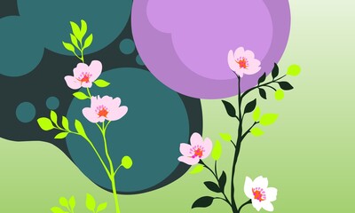 Title: Abstract Floral Background with Pink Blossoms and Green Leaves