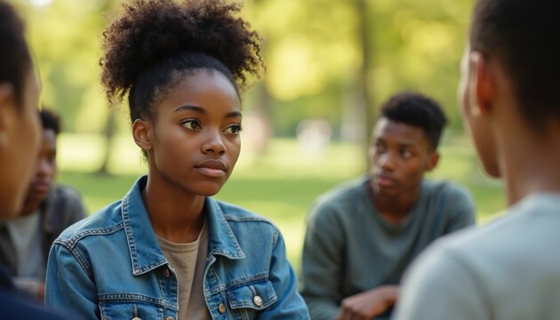 Young diverse group of teenagers in park. Adolescents sit in circle, talk, listen to. Teenage girl in denim jacket looks at friends. Group counseling, discussion, support, connection among youth in