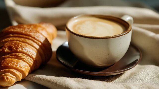 A warm cup of coffee next to a golden croissant creates a cozy breakfast scene, highlighting the comfort of simple pleasures in daily life.