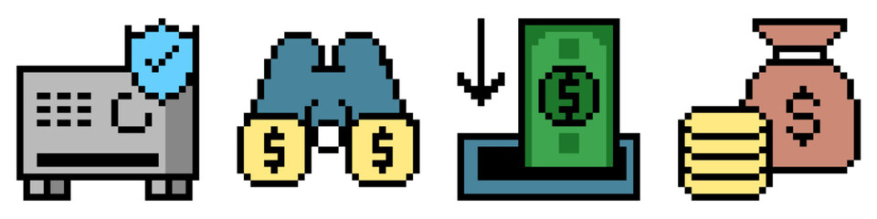 Set pixel finance icon vector for business, accounting, and monetary management. Useful for illustrating a collection of financial tools in a fun, retro, 8-bit aesthetic