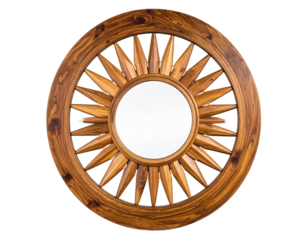 Rustic Wooden Sunburst Mirror Front View, Symmetrical Frame, Isolated on Transparent Background 