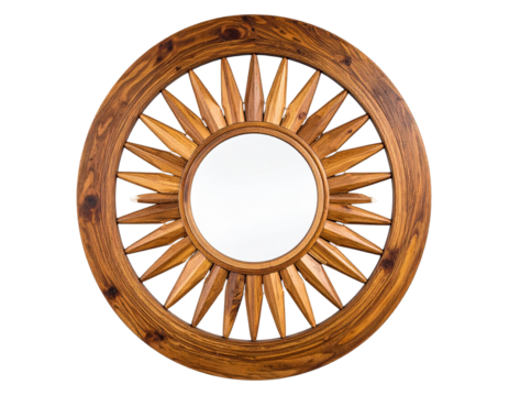 Rustic Wooden Sunburst Mirror Front View, Symmetrical Frame, Isolated on Transparent Background 