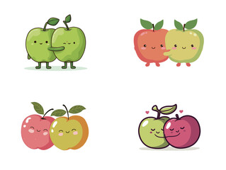 Fototapeta premium Adorable cartoon characters of apples and pears express friendship and joy. The fruits are designed with smiling faces and playful poses, capturing a friendly vibe.