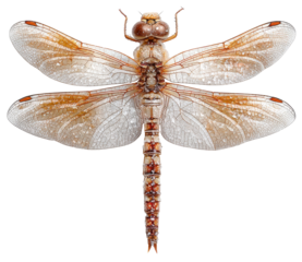 Full-body dragonfly with delicate shimmering wings, slender segmented body, perched naturally, intricate details on transparent wings, isolated on transparent background, realistic colors