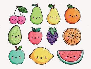 Colorful cartoon fruits with smiling faces are arranged in a playful design. The collection includes cherries, pears, oranges, and more, showcasing fun illustrations.
