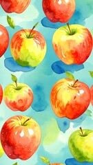 Watercolor apples on teal background