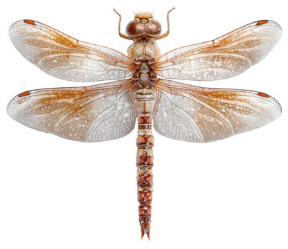 Full-body dragonfly with delicate shimmering wings, slender segmented body, perched naturally, intricate details on transparent wings, isolated on transparent background, realistic colors