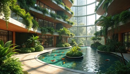 Fototapeta premium Interior view of modern eco tower features rich vertical garden, tranquil koi pond. Natural light floods atrium space with tropical plants palms. Building design blends nature architecture creating
