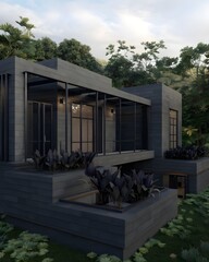 Modern Minimalist Villa Exterior with Dark Charcoal Gray, Navy Accents, and Lush Landscaping