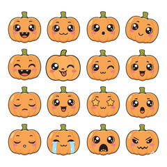 Kawaii Halloween Pumpkin Vector Set – 16 Cute Jack-o’-Lantern Faces with Unique Expressions Isolated on White