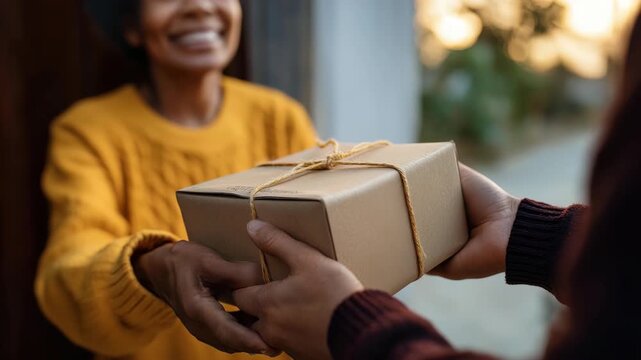 A heartwarming scene of a person handing a beautifully wrapped package to a joyful recipient at the doorstep, symbolizing generosity and connection.