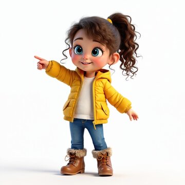 Cute 3d girl character points to side on white background. Smiling girl wearing yellow jacket, jeans and boots. Cartoon kid shows direction. Concept for childhood, fun or animation.