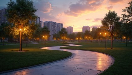 Modern city park at sunset shows winding stone pathway. Bright streetlights illuminate green trees, fresh grass. Tall buildings frame urban skyline, providing peaceful scene for evening relaxation,