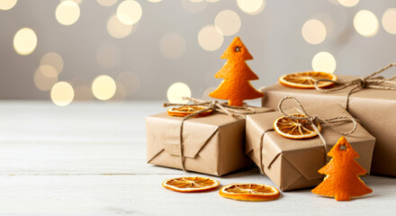 A group of eco-friendly Christmas gifts with dried oranges and pine cones.