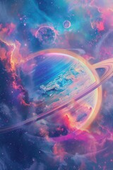a colorful galaxy with nebulas and a planet