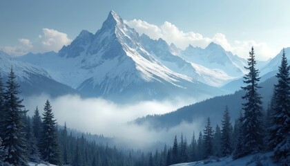 Fototapeta premium Winter mountain landscape illustration features snow covered peaks and forest. Snowy cold season scene includes sky clouds and trees. Nature view evokes peaceful tranquil feelings.