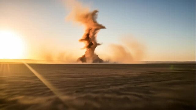 Dust devil forms in desert at sunset, environmental impact of natural disaster and climate change concept time lapse video