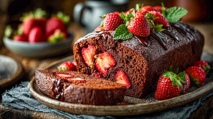 Chocolate cake with fresh strawberries and mint, decorated with berries and sprinkled with powdered sugar. For material related to desserts, cooking, holidays, and treats.