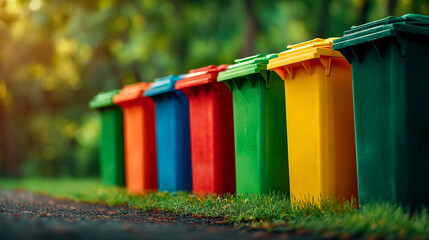 Fototapeta premium Colored trash cans located on a green lawn along a path. Environmental responsibility and garbage sorting. Ecology and waste recycling.