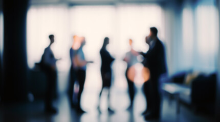 Abstract composition demonstrating interaction between employees in a dynamic work environment. Conveys a sense of movement and activity