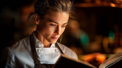 A female chef carefully examining a book or menu. For topics related to gastronomy, cooking, the restaurant business, and professional development.