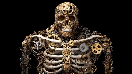 Steampunk mechanical human skeleton made of intricate golden and silver gears and cogs on a black background.