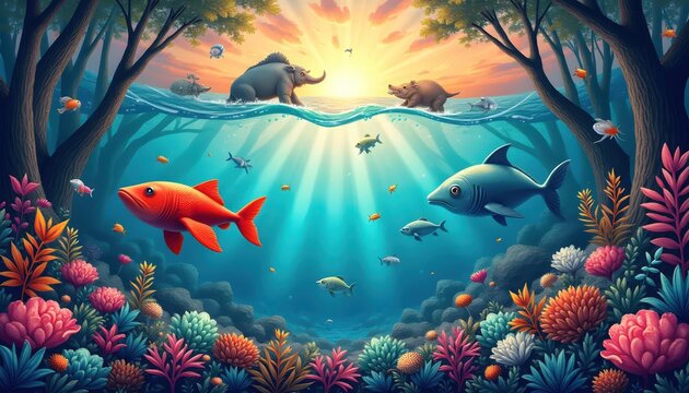 Vibrant Fantasy Artwork Showing Harmony Of Ocean And Forest Creatures