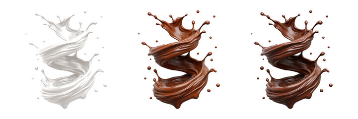 Spiral Splash Hot Chocolate and Milk on Isolated Transparent
