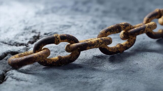 A close-up of a rusted chain resting on a cracked surface symbolizes resilience and strength, reflecting the intertwined links of life's challenges and durability amidst wear.