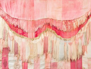 Pink and Beige Patchwork Textile with Fringes Bohemian Style Fabric Texture