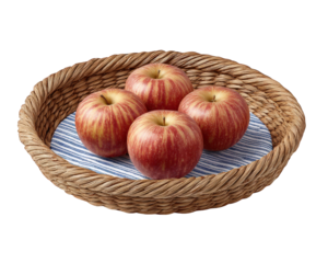 Fresh fruit basket with four red apples on blue striped cloth. healthy, natural, and rustic food display perfect for picnic or kitchen decoration