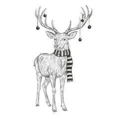 Freehand jumping Christmas deer a scarf scribble isolated on white background. Texture of writing materials. Handwritten christmases reindeer doodles and pencil strokes.	
